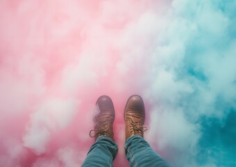 Men's legs in brown boots standing over a dreamy, colorful cloudscape. Adventure, freedom background. - 746112345