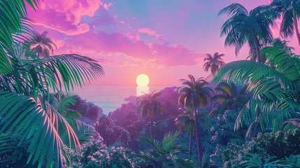 Cercles muraux Vert bleu Retro vaporwave/synthwave tropical landscape in shades of pink and blue