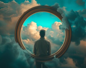 Young man looking at the cloudy sky inside a circular frame. Plans for the future conceptual background. - 746112554