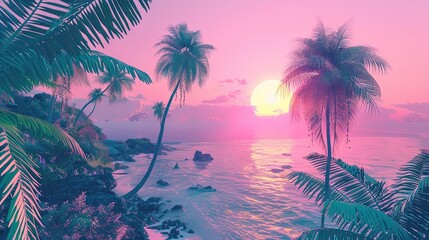 Fototapeta na wymiar Retro vaporwave/synthwave tropical landscape in shades of pink and blue