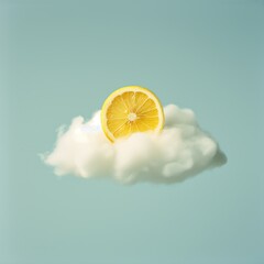 Slice of lemon surrounded by clouds. Summertime, sunny vibes background. - 746112593