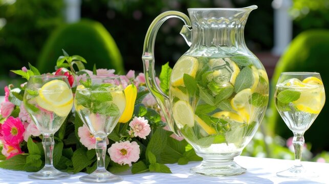 a pitcher of lemonade, a pitcher of water, a glass of water, and a pitcher of lemonade on a table.