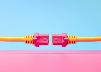 Ethernet cables with pink connectors joining in the center against a blue and pink background. Connected, network conceptual background. - 746112722