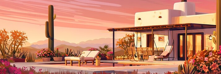 Southwestern adobe house in the desert - backyard with desert landscaping and lawn furniture underneath pink sky
