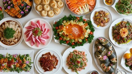 a white table topped with lots of plates filled with different types of food covered in sauces and toppings.