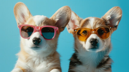 Two adorable Corgi puppies exude coolness and charm, donning stylish sunglasses against a crisp blue background, perfect for a fun and vibrant stock image.