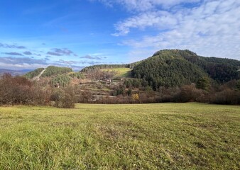 Fototapeta premium autumn landscape with field and mountain 
