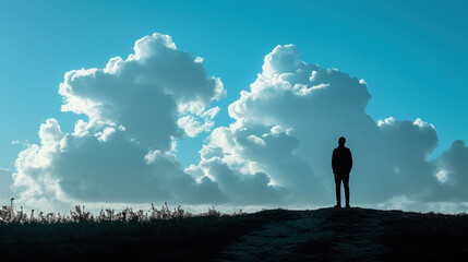 a person standing on top of a hill under a cloudy blue sky with a sky full of clouds behind them.