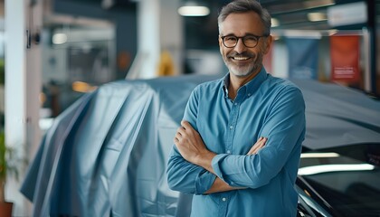 Cheerful 50-year-old man about to debut a new car