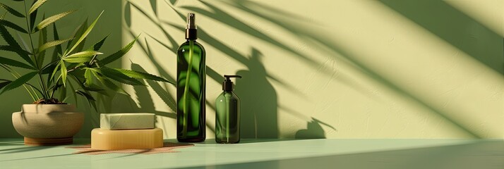 Blank green bottles and bar soap with natural ingredients for bathroom product mockup.