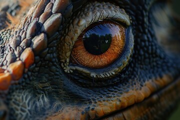 A close-up of a velociraptor's intense gaze, highlighting the intelligence and predatory instincts of these iconic dinosaurs. Close up of the eye of a dinosaur. 
