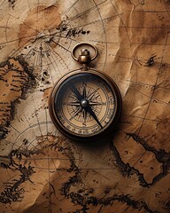 Compass on old map. Vintage style toned picture. Travel concept. A close-up of a vintage compass held against a weathered map, emphasizing the nostalgia of exploration. sepia tones