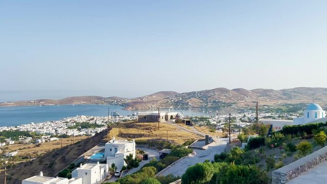 Morning atmosphere, view of the town and port of Parikia, Paros, Cyclades, Greece. Amazing view of the Mediterranean Sea