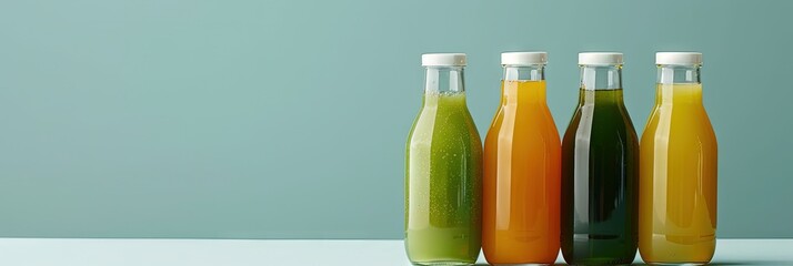 Colorful glass bottles of juice  - product mockup on solid background with copy space