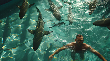 man bathing with sharks