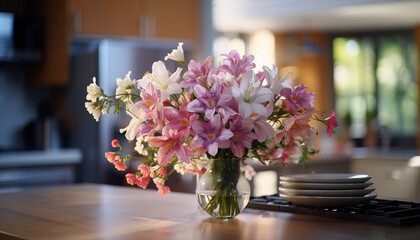 flowers in a vase against a blurred kitchen background. 