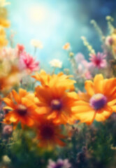 Blurred summer spring background with beautiful flowers and sunlight.