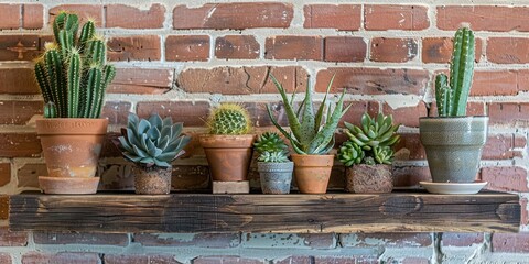 Succulents and cacti in clay pots against a brick wall 