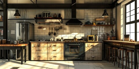 Rustic industrial kitchen home interior design - obrazy, fototapety, plakaty