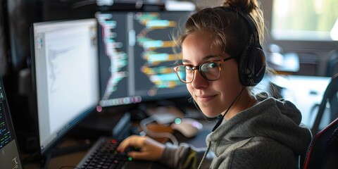 Female software developer in the office - coding platform in the background on computer screen