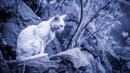 a white cat sitting on top of a rock next to a bunch of dead leaves and a tree in a black and white photo.