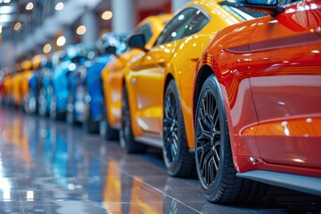 A vibrant row of high-performance sports cars on display in a bright showroom environment
