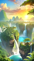 Island with waterfall.  Sunset