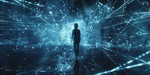 person in a network of lines standing in a nighty space, in the style of light-focused, futuristic landscapes