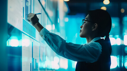 A data analyst intently studies complex financial data displayed across multiple computer screens in a modern office setting
