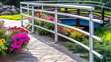 a bunch of flowers that are sitting in a planter next to a fence with a boat in the background.