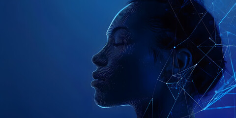 the profile of a human with digital dots behind her head, in the style of volumetric lighting, technocore, medical imaging film., indigo and blue, intel core
