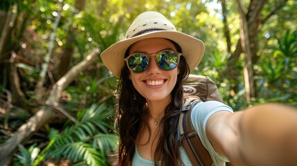 Friendly young woman tourist with sunglasses and hat takes a selfie while exploring the outdoors at a national park 