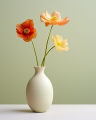 three orange and white flowers in a white vase on a white countertop against a green background with a light green wall.