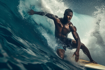 muscular black man is surfing on a wave on surfboard, water drops, white and aquamarine