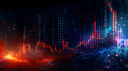 the stock market with bright charts at night, in the style of tonalist paintings, high detailed, light red and dark indigo