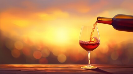 a close up of a wine glass with a wine being poured into it with a bottle of wine in the background.