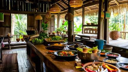 A local Asian chef preparing traditional dishes with fresh vegetables and spices in a rustic kitchen setting, surrounded by onlookers (1)