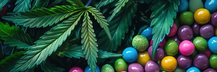 Cannabis edibles - colorful sweet candies dosed with THC, CBD, and other phytocannabinoids - obrazy, fototapety, plakaty