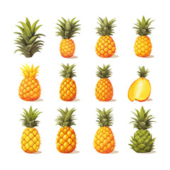 Pineapple fruit set. Tropical sweet ananas collection in different styles. Vector illustration isolated on white.