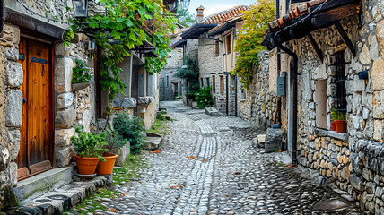 Fototapeta premium A peaceful cobblestone street lined with traditional stone houses adorned with flowering plants in a quaint historical village (4)
