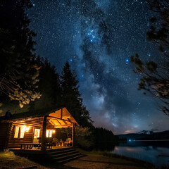 Starry Night Sky Over Lakeside Cabin Retreat