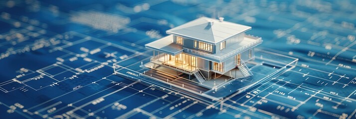 Fototapeta premium Model home sitting atop architectural blueprints for architect, real estate, and house concepts