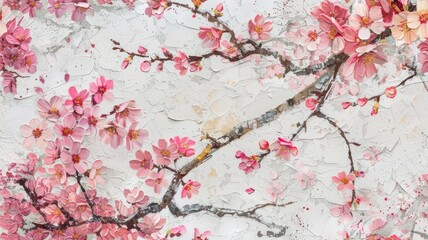 Obraz na płótnie Canvas a cherry blossom oil painting spread across a white background, the delicate beauty of cherry blossoms, creating an enchanting and immersive visual experience. SEAMLESS PATTERN.