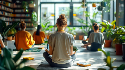 A person meditates amidst the hustle of a dynamic office setting, promoting wellness and mindfulness in the workplace (6) - obrazy, fototapety, plakaty