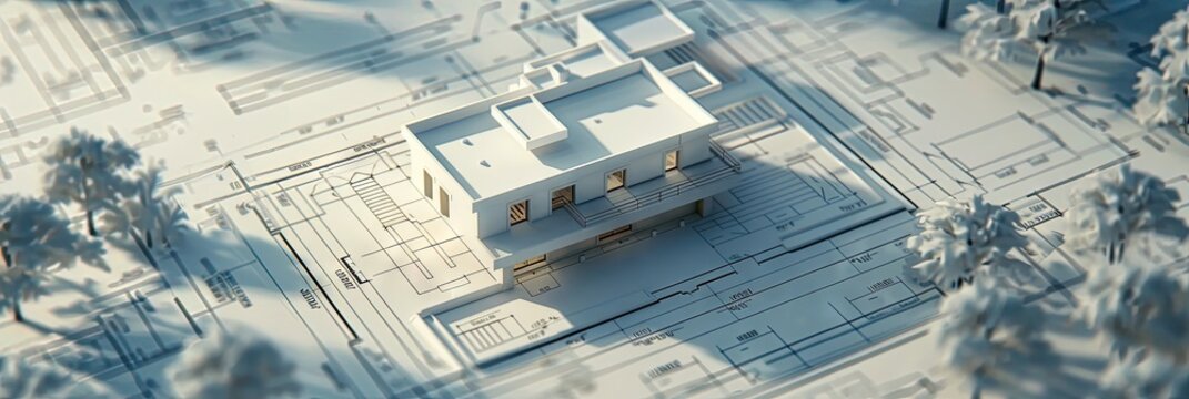 Model Home Sitting Atop Architectural Blueprints For Architect, Real Estate, And House Concepts