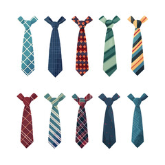Set of colored man ties and bow ties with different patterns. Neck tie collection for business or party. Accessories for man suits. Vector flat illustration isolated on white background