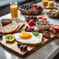 Closeup photo of a nutritious breakfast on a wooden board resting on a kitchen counter with fresh ingredients visible in the background.