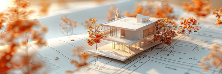 Model home sitting atop architectural blueprints for architect, real estate, and house concepts