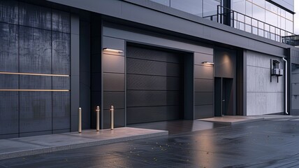 a modern-style garage door set against an urban landscape, featuring a driveway, with a striking color scheme of dark black and bronze, accentuated by thin steel forms.
