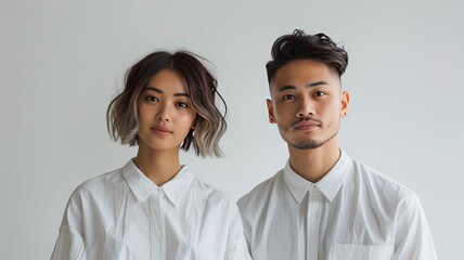 contrast between a South East Asian short-haired female and a big muscular male, both dressed in stylish shirt outfits, standing side by side in a pristine white background studio.